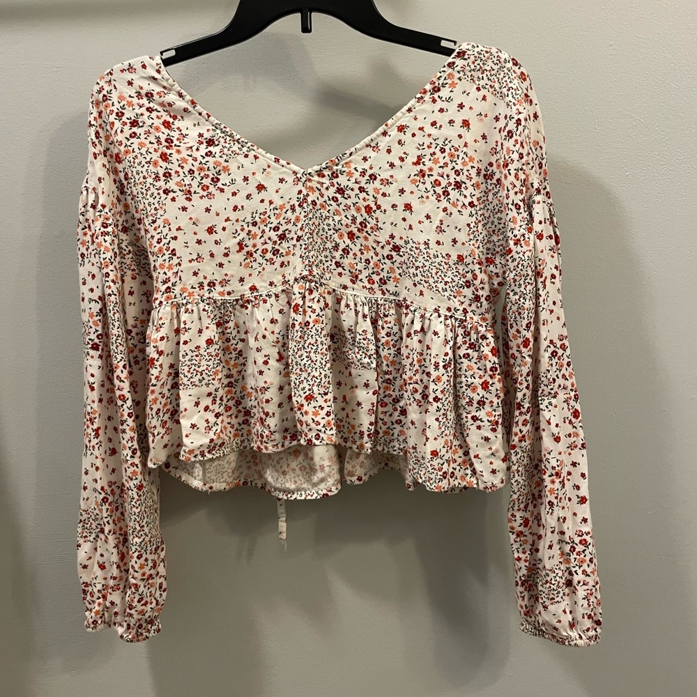 Arizona Love Cream Long-Sleeve Floral Ruffle Peplum Top with Red Print
